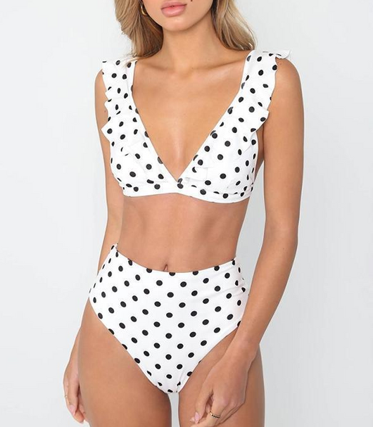 Traje de Baño de Cintura Alta con Borde Floral y Puntos para Mujer - Image 7