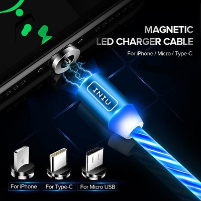 Cable de Carga Magnético USB LED Compatible con Apple - Cargador Rápido Type C y Micro