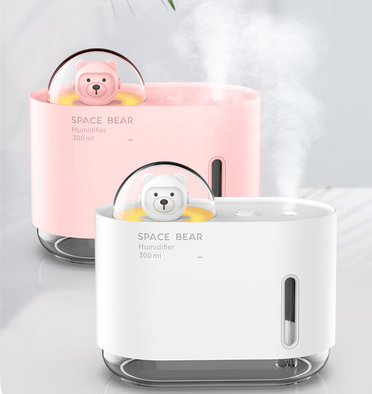 White square humidifier with a clear base, featuring a cute white bear figure in a clear dome, labeled "SPACE BEAR Humidifier 300 ml". - Image 10