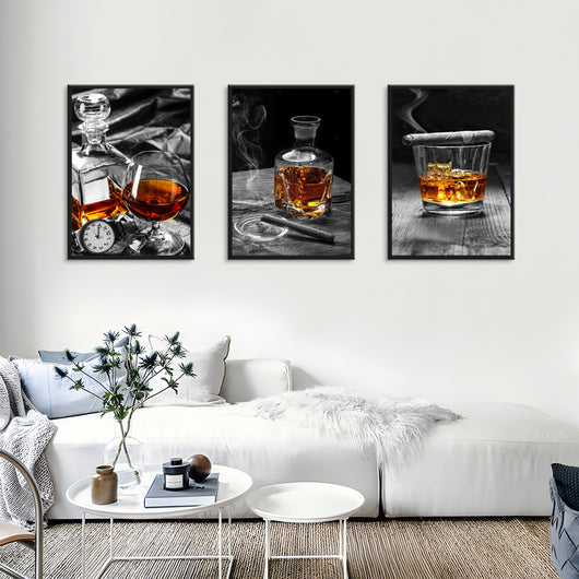 Cuadro Decorativo Bodegón Vino y Copas - Óleo Triple para Sala de Estar