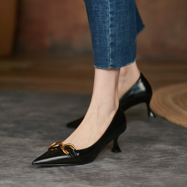 Zapatos de Tacón Medio Punta Afilada con Hebilla Metálica para Mujer