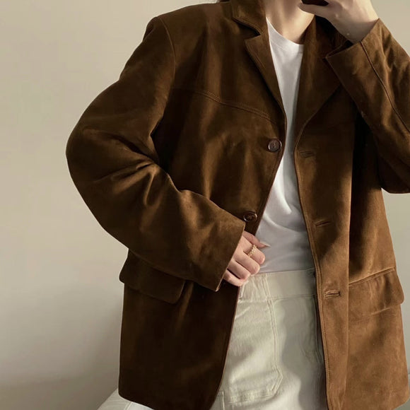 Blazer de Cuero Retro Marrón para Mujer