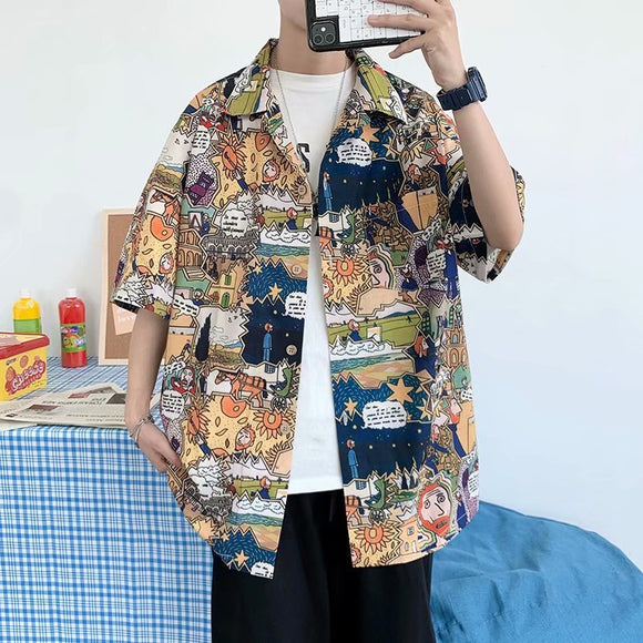 Camisa Suelta Estilo Hong Kong con Estampado Integral