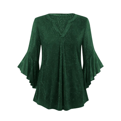 Blusa Suelta de Malla Plateada con Cuello V y Mangas 3/4 Pétalos - Image 40