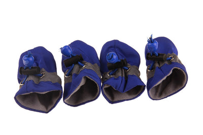 Four blue pet booties with grey trim and adjustable blue drawstrings, designed for dogs or puppies. - Image 8