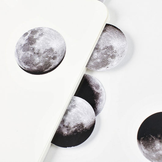 Circular black and white stickers depicting various moon phases, with a small black sticker box on a white background. - Image 5