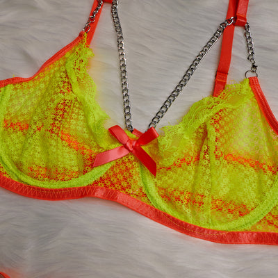 Neon yellow and orange lace lingerie set with chain details, including a bra, garter belt, thong, and armbands. - Image 12