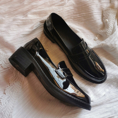 Mocasines Retro Estilo Británico Tacón Grueso Mujer Negro Japonés - Image 9