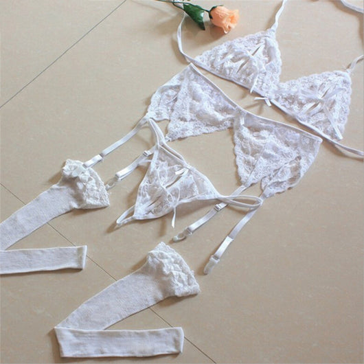 Conjunto de 4 Piezas: Liguero de Encaje, Medias de Malla y Ropa Interior Sensual - Image 9