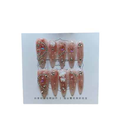 Uñas de Fotopolímero Almendra con Diamantes Completos y Diseño Camelia - Image 10