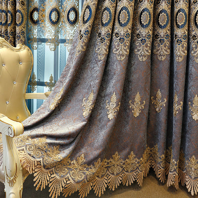 Blue sheer curtain with intricate gold and dark blue embroidery in a European classical style, draped over a window. - Image 7