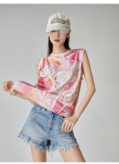 Blusa Suelta sin Mangas Estampado Acuarela Floral Rosa para Mujer - Image 13