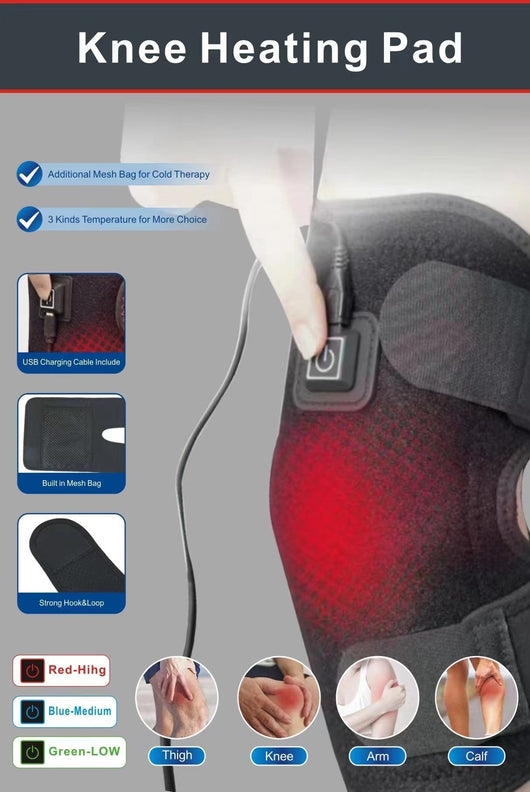 Black electric heating kneecap cover with hot compress massage, shown on a leg with a hand pressing the power button, indicating heat. - Image 11