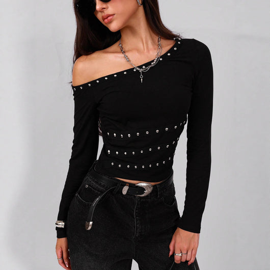 Camiseta Slim Fit con Cuello Oblicuo y Cinta Metálica Decorativa - Image 2