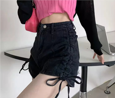 Shorts de Mezclilla Talle Alto con Diseño de Cordón Delgado y Corte Ancho para Mujeres - Image 17