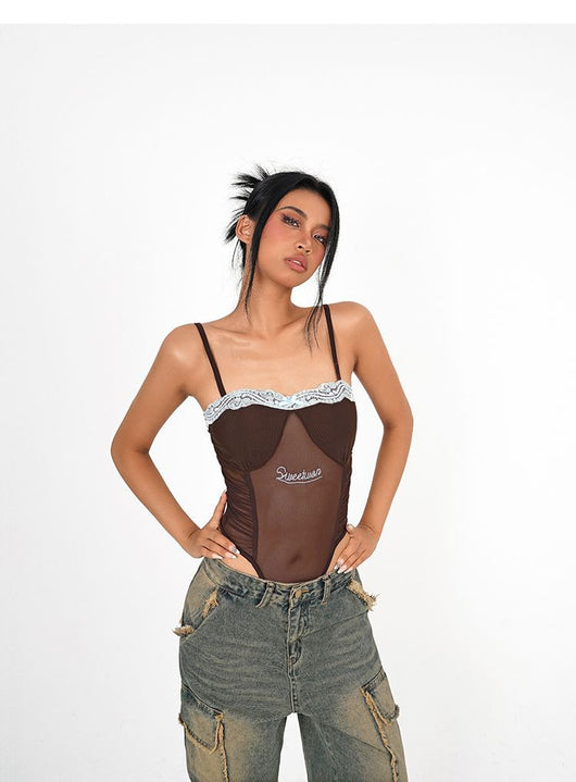 Jumpsuit Floral con Tirantes Acolchados y Encaje Mesh - Image 9