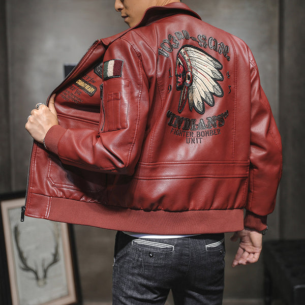 Chaqueta de Cuero PU para Hombre con Bordado en Solapa - Estilo Motociclista