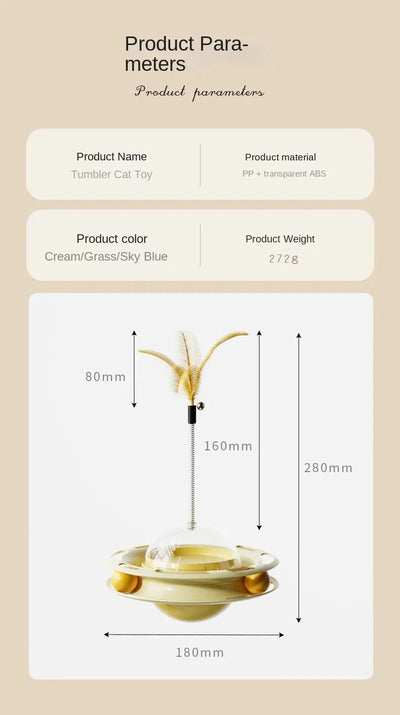 Yellow UFO tumbler cat toy with rolling balls, a clear dome, and a spring-mounted feather wand with a bell. - Image 17