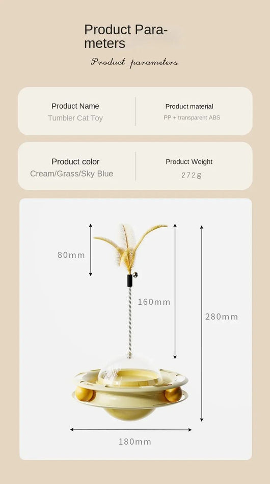 Yellow UFO tumbler cat toy with rolling balls, a clear dome, and a spring-mounted feather wand with a bell. - Image 17
