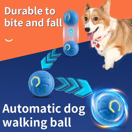 Blue smart pet toy ball with a glowing yellow power button, an electronic interactive toy for dogs and cats.