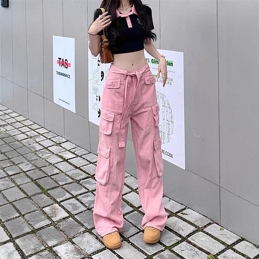 Pantalones Cargo Sueltos Vintage Americano con Múltiples Bolsillos y Detalles Desgastados