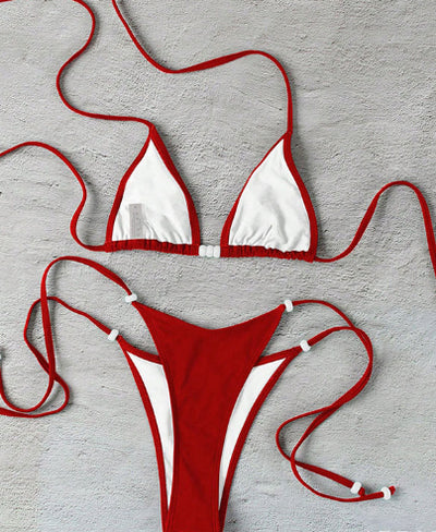 Simple women's brown separated swimwear with triangle top and thong bottom, featuring lace-up ties and light blue beads. - Image 11