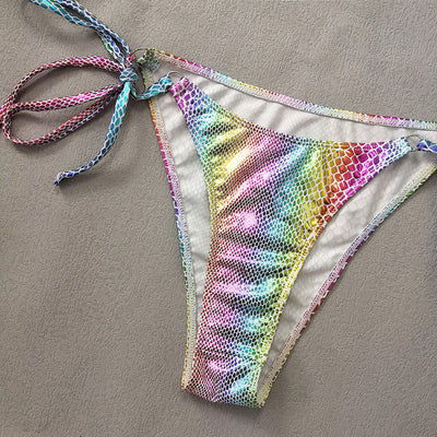 Gradient snakeskin print bikini with iridescent colors, triangle top, and tie-side bottoms. - Image 5