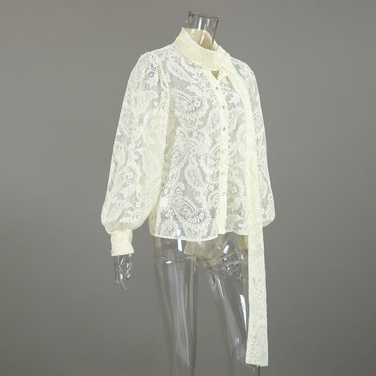 Blusa Elegante de Encaje Francés con Mangas Largas Transparentes - Image 8