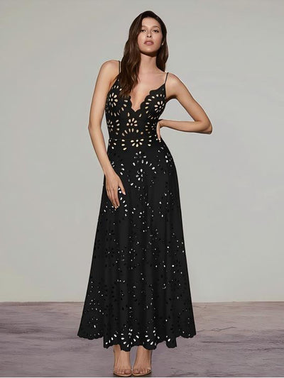 Navy blue women's one-piece swimsuit and matching midi skirt set with laser-cut floral patterns and scalloped edges. - Image 36