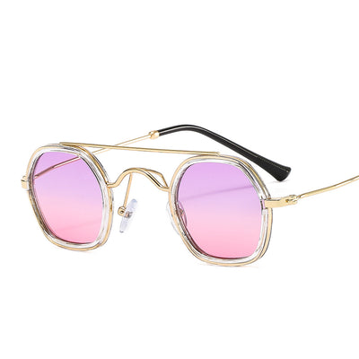 Green hexagonal frame sunglasses with blue to peach gradient lenses and gold-tone double bridge and temples. - Image 8