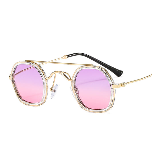 Green hexagonal frame sunglasses with blue to peach gradient lenses and gold-tone double bridge and temples. - Image 8