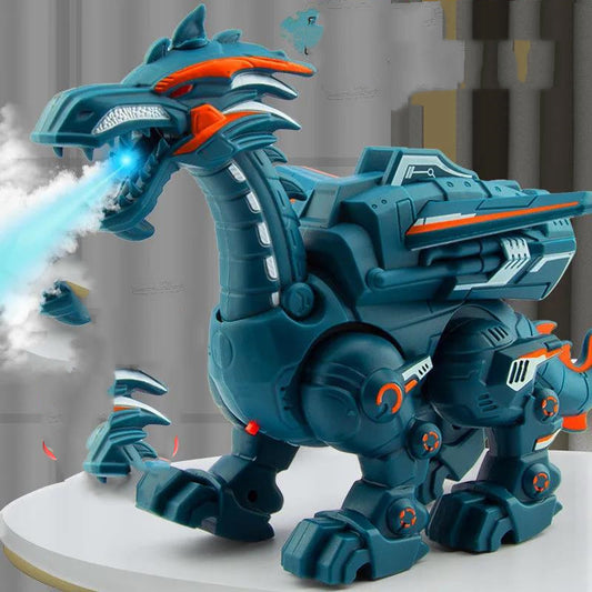 Gray and blue electric mechanical dinosaur toy with clear wings, designed for walking, water spray, and lights.