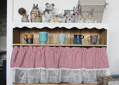 Red and white gingham kitchen or bathroom curtain with a white lace ruffled bottom, designed for rod suspension. - Image 6