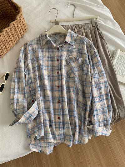 Camisa Cuadriculada de Algodón Retro Lavado Artístico para Mujer - Image 21
