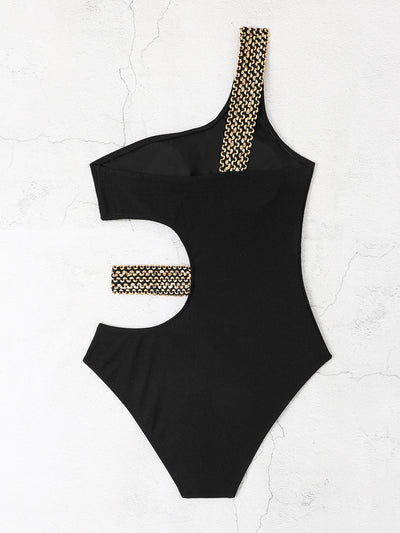 Black one-shoulder one-piece swimsuit with side cut-outs and gold chain-link detailing on strap and waist. - Image 12