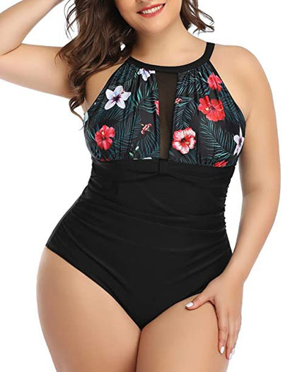 Plus size black one-piece swimsuit with a halter neck and mesh V-neck insert, featuring ruched sides. - Image 9