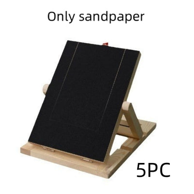 Black sandpaper refill sheets for a dog scratch board, displayed on a light wood stand, 5 pieces included. - Image 8