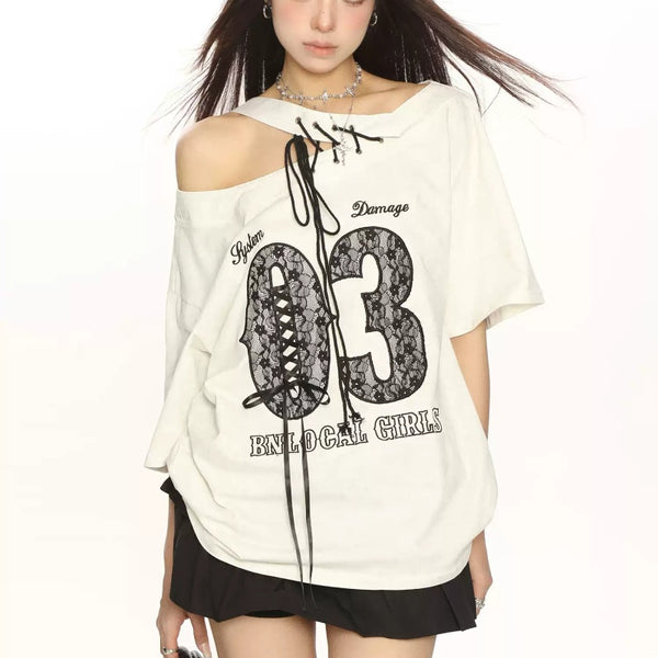 Blusa Hombros Descubiertos con Encaje y Manga Corta Ajustada