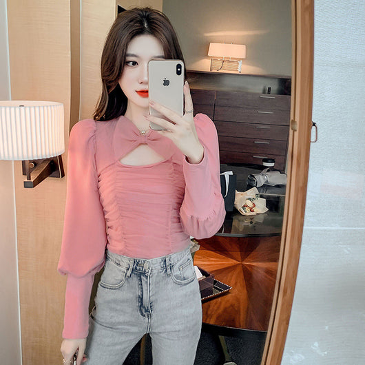 Blusa Ajustada de Malla con Escote en Clavícula y Manga Larga - Image 9