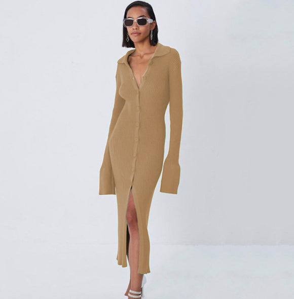 Vestido Elegante con Cuello Solapa y Mangas Acampanadas