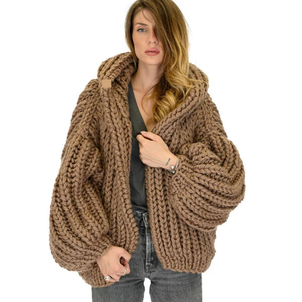 Cardigan Tejido a Mano Holgado con Capucha - Suéter Knit para Mujer