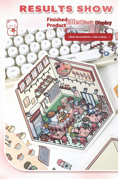 Diy Notebook Decompression Stacking Miniature Sticker set featuring a cute cartoon hot pot shop scene with animal characters. - Image 42