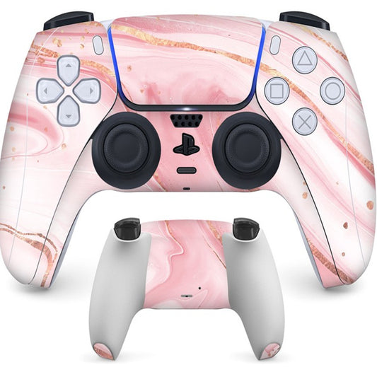 PS5 controller with a pastel marble sticker, showing the front and back views for anti-scratch protection.