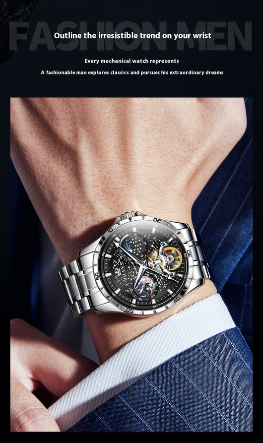 Reloj Mecánico Hueco Cielo Estrellado para Hombre Negocios Impermeable - Image 12