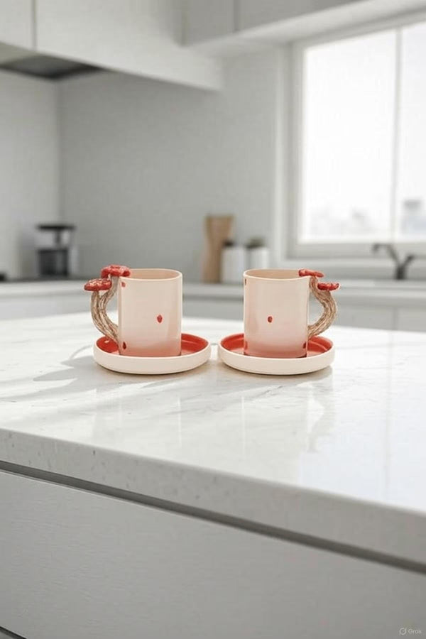 Juego de Tazas de Cerámica Artesanal con Asas de Champiñón para Desayunos Acogedores - Image 2