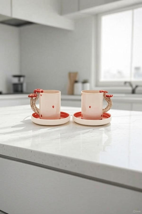 Juego de Tazas de Cerámica Artesanal con Asas de Champiñón para Desayunos Acogedores