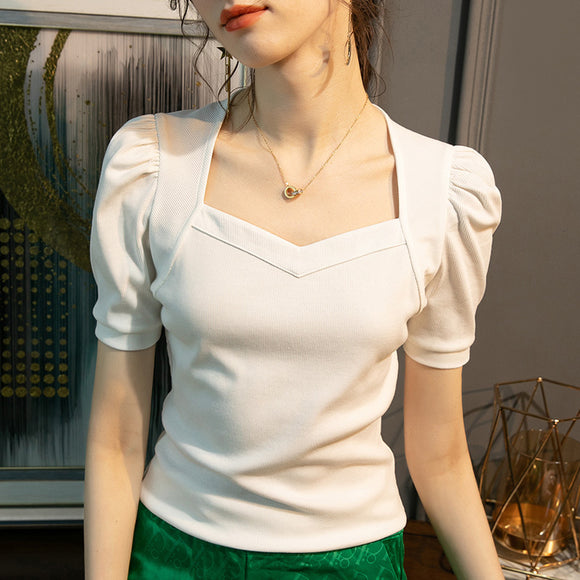 Blusa Manga Abullonada Cuello Diamante Mujer - Colores Sólidos