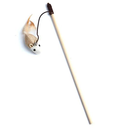Cat teaser toy with a long wooden pole, a striped ball, brown feathers, and a small bell. - Image 6