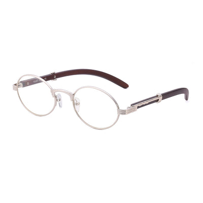 Retro oval sunglasses with gold metal frames and dark wood-like temples, featuring gradient black lenses. - Image 21