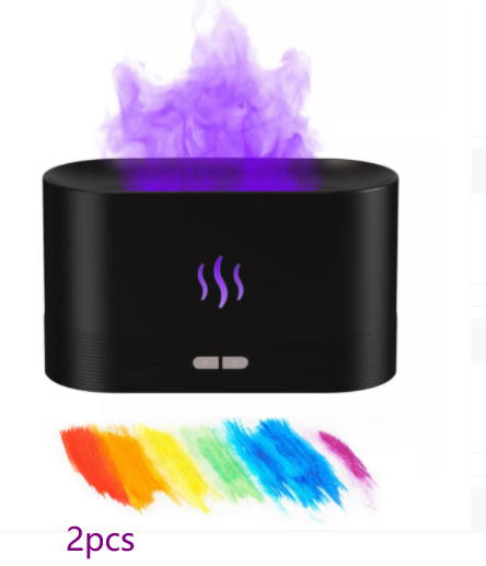 Black aroma diffuser with purple flame light effect and mist, featuring control buttons and a flame icon. - Image 12
